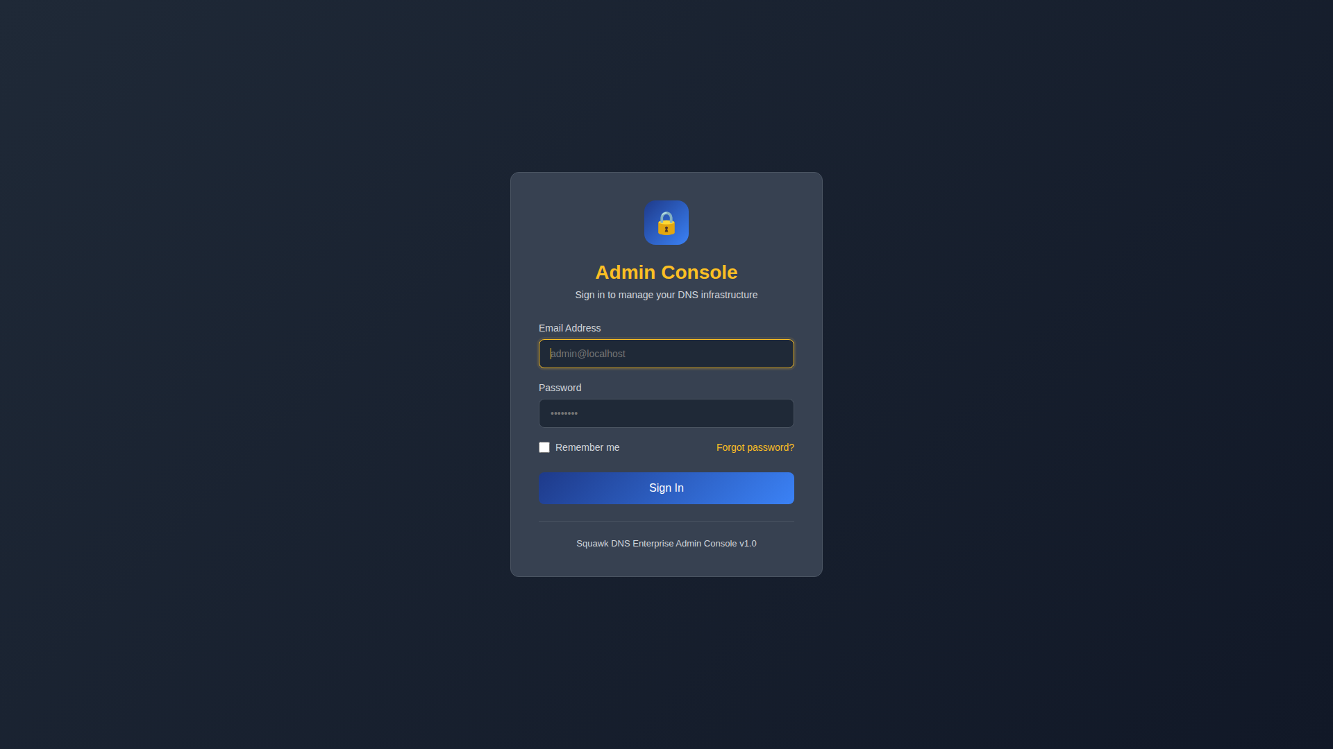 Squawk DNS admin console login screen
